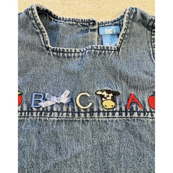 Vintage Girls OCI Denim ABC School Jumper Dress Size 4 Embroidered Apple Cow Bow - Picture 3 of 3